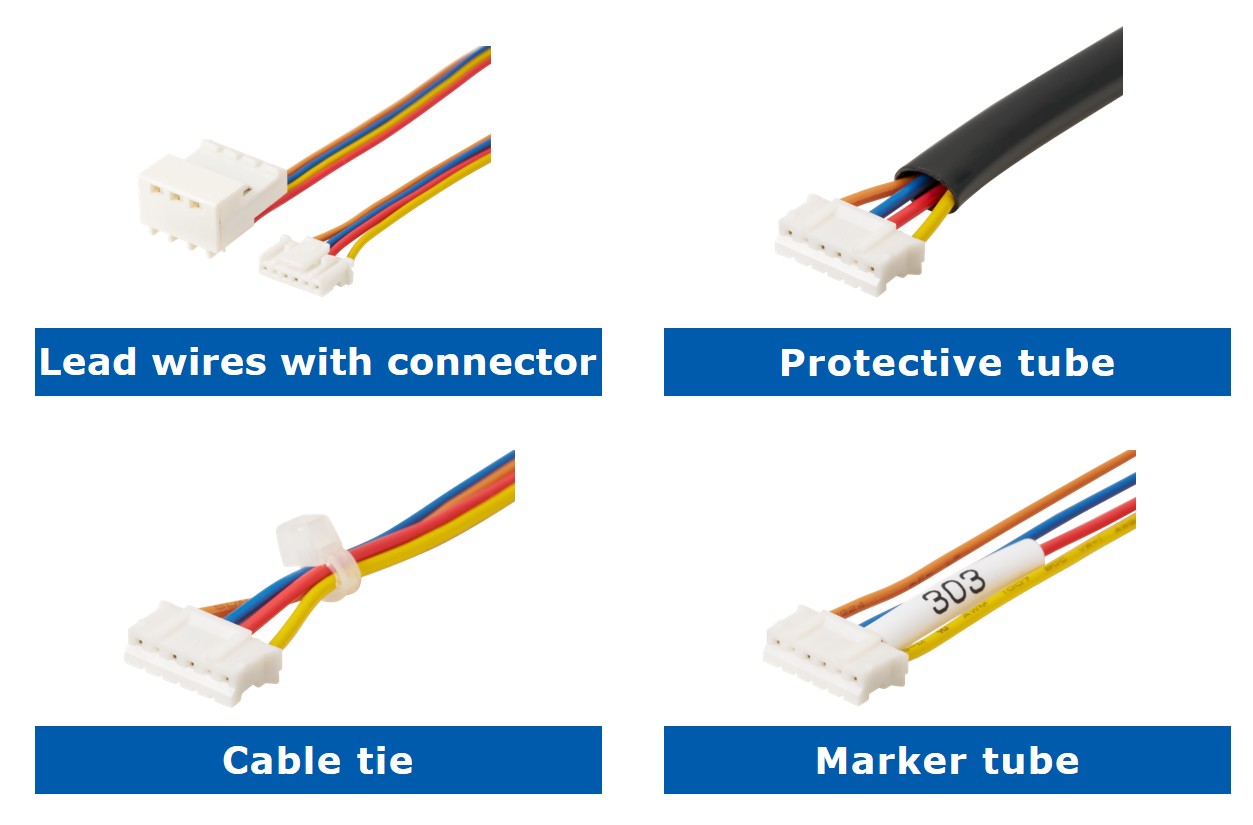Customization examples for lead wires and connectors to reduce assembly time (e.g., lead wire with a connector, tubing or cable tie)