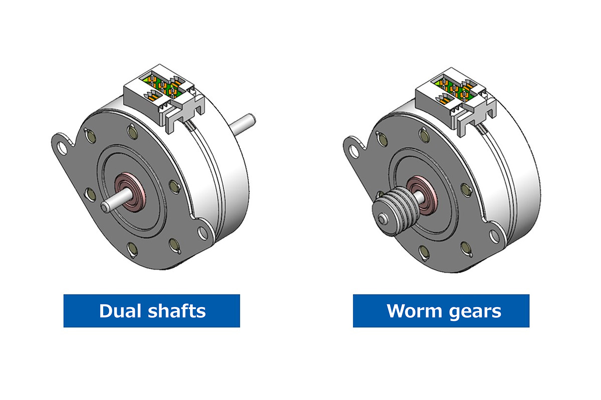 Dual shafts and worm gears, demonstrating custom motor shaft shapes, lengths, and diameters.