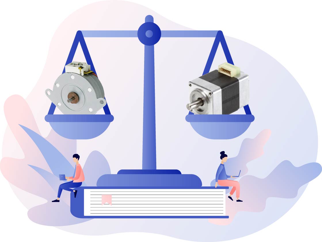 ステッピングモーターのPM型とハイブリッド型を比較する天秤のイメージイラスト